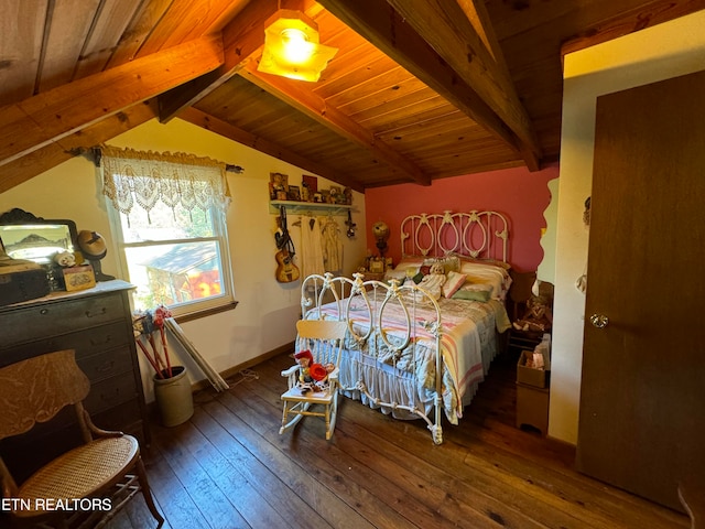 bedroom with wood ceiling, dark hardwood / wood-style floors, and lofted ceiling with beams