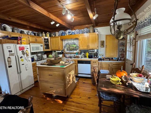 kitchen featuring beamed ceiling, a center island, light hardwood / wood-style floors, wooden ceiling, and white appliances