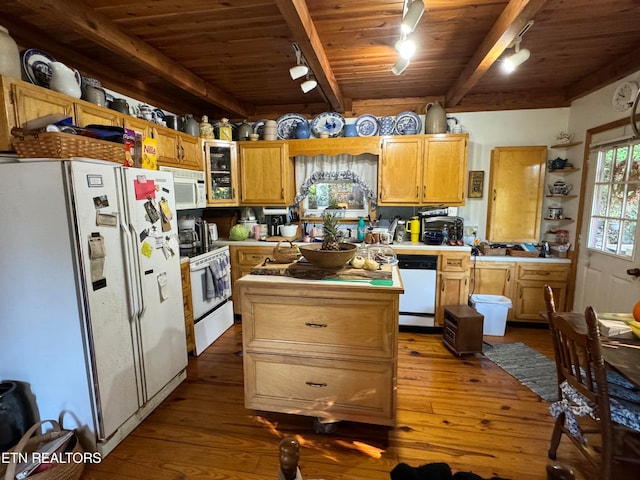 kitchen featuring wood ceiling, white appliances, beam ceiling, a center island, and wood-type flooring