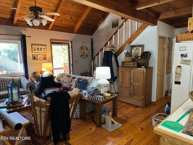 living room with wood ceiling, lofted ceiling with beams, and light hardwood / wood-style floors