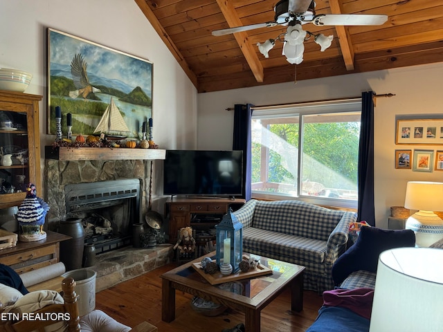 living room with wood ceiling, ceiling fan, a fireplace, wood-type flooring, and lofted ceiling with beams