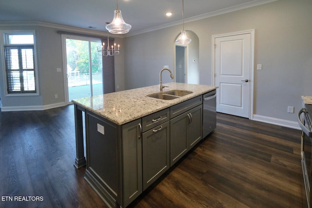 kitchen with sink, dishwasher, hanging light fixtures, dark wood-type flooring, and a center island with sink