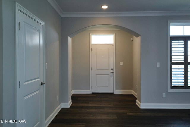 entrance foyer featuring ornamental molding and dark wood-type flooring