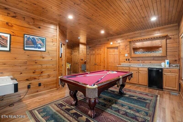rec room featuring light wood finished floors, pool table, wooden ceiling, wooden walls, and recessed lighting