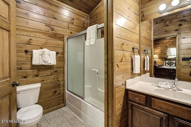 full bath featuring toilet, vanity, tile patterned floors, wooden walls, and wood ceiling