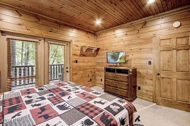 bedroom with wooden ceiling, carpet, wood walls, recessed lighting, and access to outside