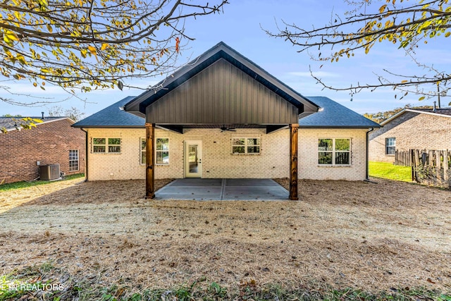 rear view of house featuring a patio, central air condition unit, and ceiling fan