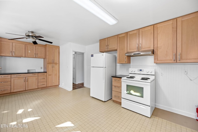 kitchen with white appliances and ceiling fan