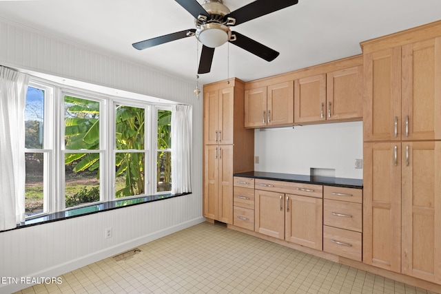 kitchen with light brown cabinets, ceiling fan, and a wealth of natural light