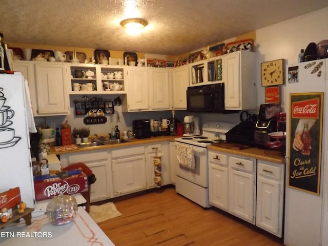 kitchen with sink, a textured ceiling, white range with electric cooktop, light hardwood / wood-style floors, and white cabinets