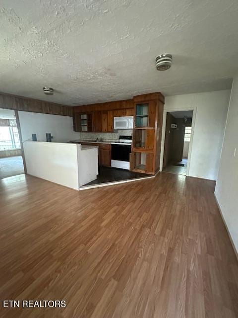 kitchen with electric stove, decorative backsplash, dark hardwood / wood-style flooring, and a textured ceiling