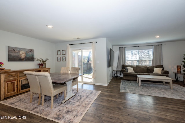 dining room featuring recessed lighting, visible vents, dark wood finished floors, and baseboards