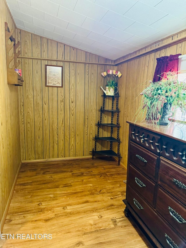 interior space with wood walls and light hardwood / wood-style flooring