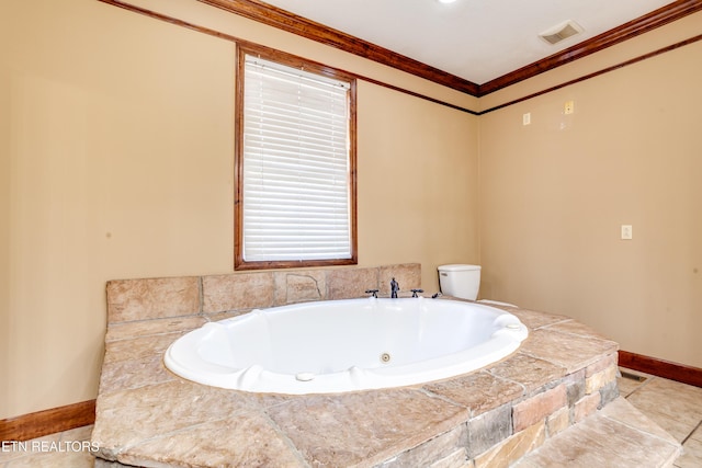 bathroom with a relaxing tiled tub, crown molding, and toilet