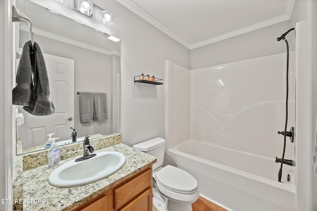 full bathroom with vanity, crown molding, toilet, and shower / bathtub combination