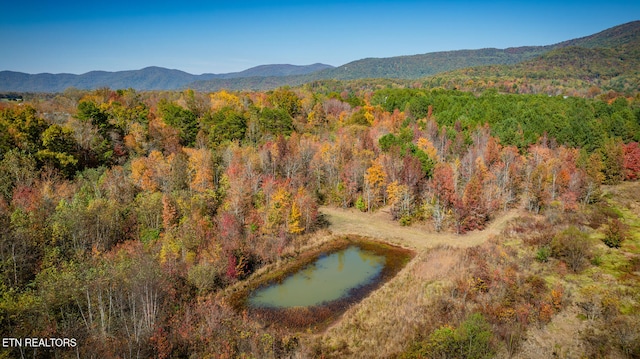 drone / aerial view with a water and mountain view