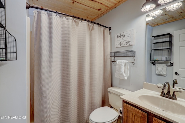 bathroom with vanity, a shower with curtain, toilet, and wooden ceiling