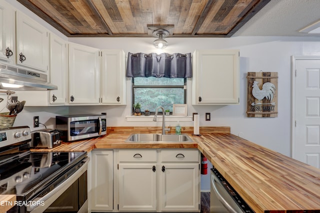 kitchen with butcher block countertops, appliances with stainless steel finishes, sink, and white cabinets