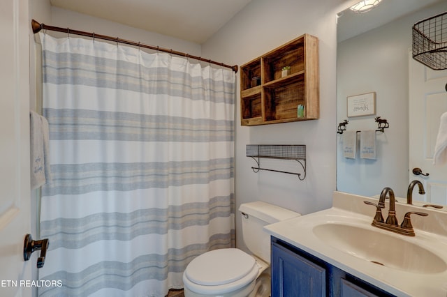 bathroom featuring vanity, toilet, and a shower with curtain