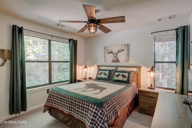 carpeted bedroom with ceiling fan, a textured ceiling, and multiple windows