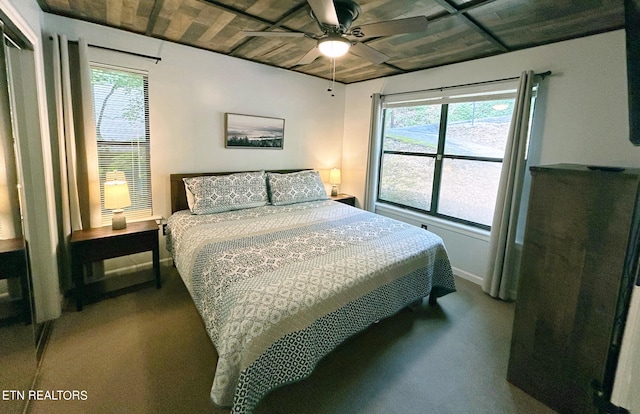 carpeted bedroom featuring wooden ceiling and ceiling fan