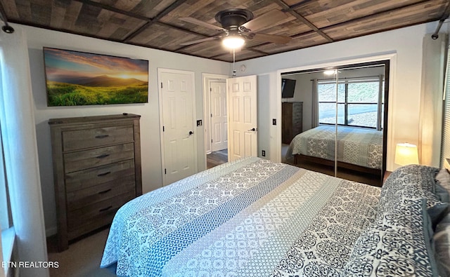 bedroom with wood ceiling, wood-type flooring, and ceiling fan