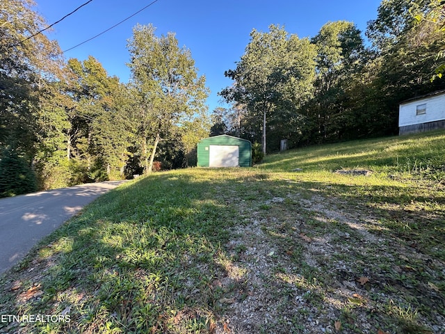 view of yard featuring a storage shed