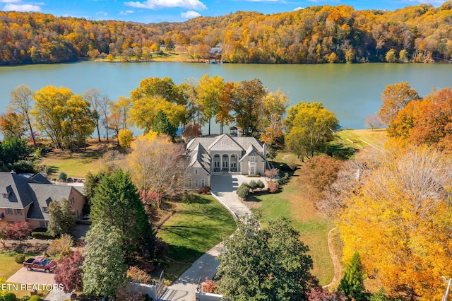 aerial view featuring a water view