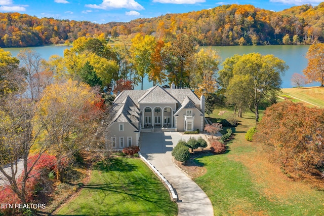 aerial view featuring a water view