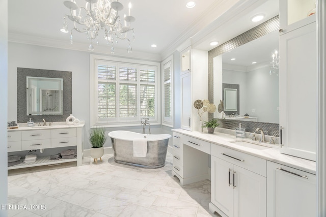 bathroom with backsplash, vanity, ornamental molding, and a bath