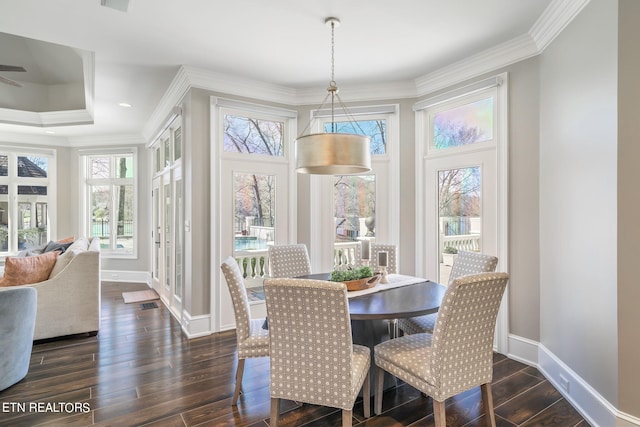 dining space with ornamental molding, dark wood-type flooring, and ceiling fan