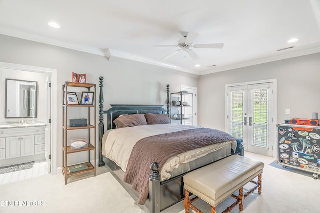 bedroom with ceiling fan, ornamental molding, light colored carpet, and access to exterior