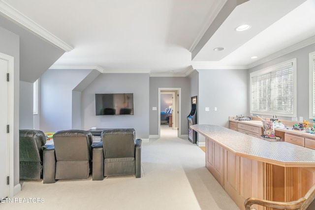 kitchen featuring light carpet, ornamental molding, and sink