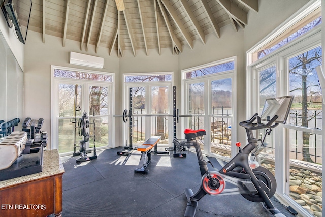 exercise room with french doors, a wall mounted AC, high vaulted ceiling, and plenty of natural light