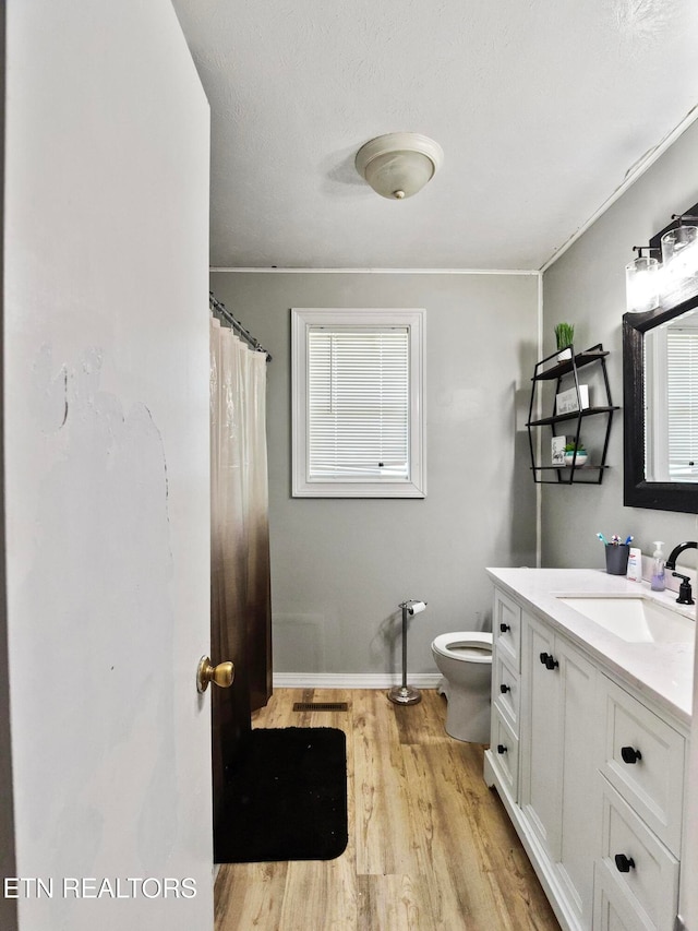 bathroom featuring vanity, a textured ceiling, wood-type flooring, and toilet