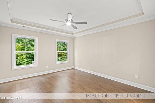 unfurnished room with a healthy amount of sunlight, wood-type flooring, and a tray ceiling