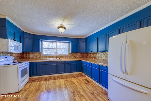 kitchen with blue cabinets, sink, light hardwood / wood-style floors, and white appliances