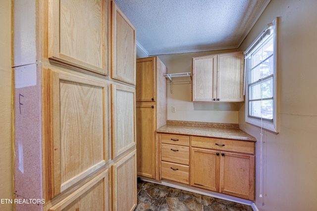 kitchen with ornamental molding, light brown cabinets, and a textured ceiling