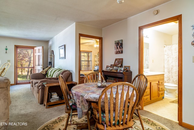 carpeted dining area featuring a textured ceiling and ceiling fan