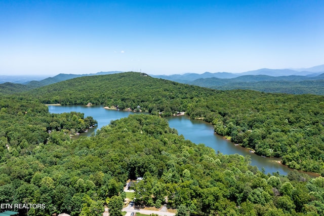 birds eye view of property with a water and mountain view