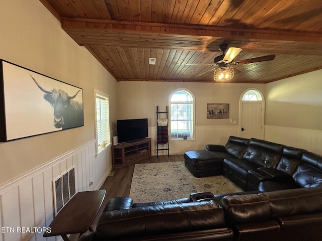 living room featuring ceiling fan, wooden ceiling, dark hardwood / wood-style flooring, and beamed ceiling