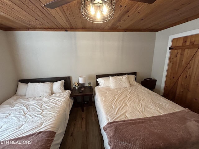 bedroom featuring wood ceiling and dark hardwood / wood-style floors