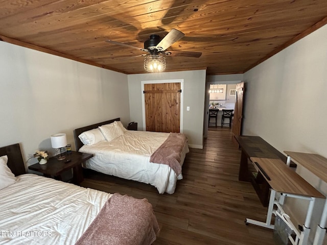 bedroom featuring dark wood-type flooring, ceiling fan, and wooden ceiling