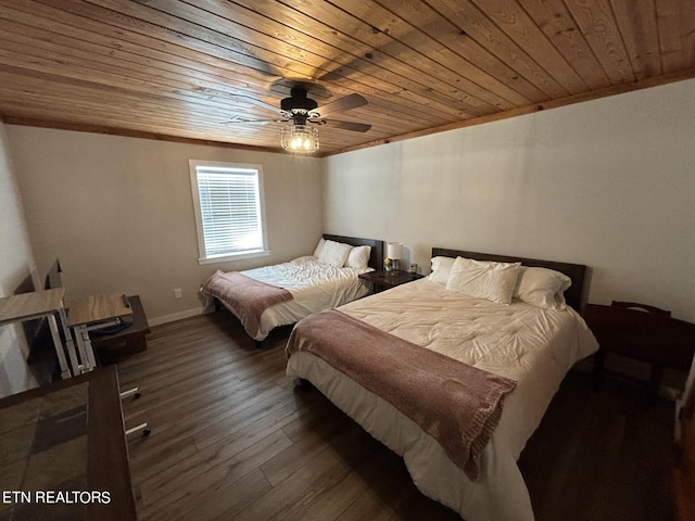 bedroom with dark wood-type flooring, wooden ceiling, and ceiling fan