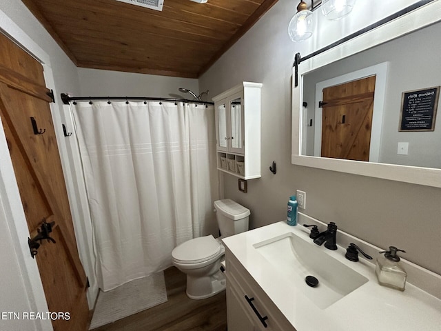 bathroom featuring toilet, wood ceiling, vanity, and wood-type flooring