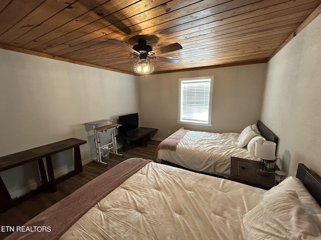 bedroom with dark wood-type flooring, wood ceiling, and ceiling fan