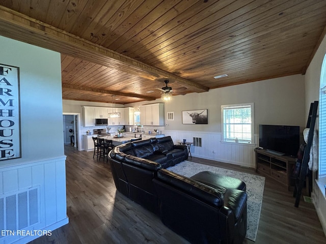 living room with beam ceiling, wooden ceiling, dark hardwood / wood-style floors, and ceiling fan