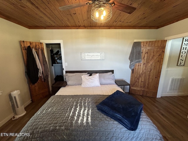 bedroom with a closet, wood ceiling, ceiling fan, and dark hardwood / wood-style flooring