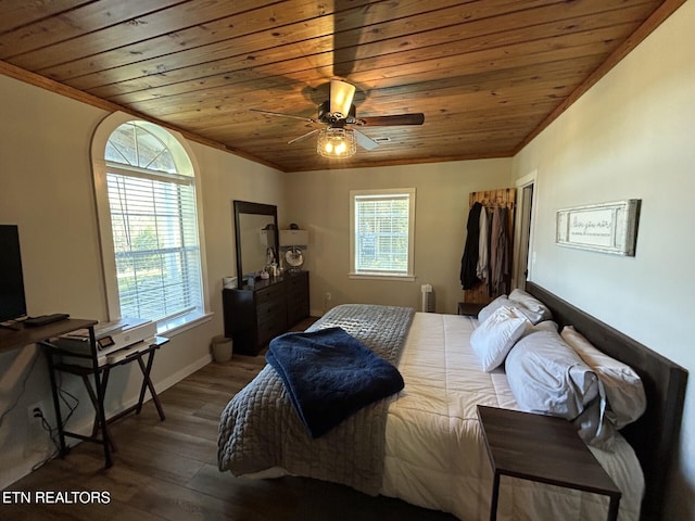 bedroom featuring wood ceiling, wood-type flooring, crown molding, and ceiling fan