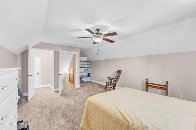 bedroom with ceiling fan, light carpet, lofted ceiling, and an AC wall unit